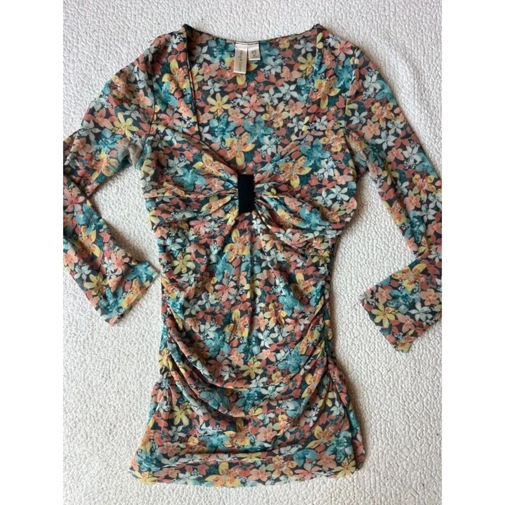Vintage Y2K Daisy & Clover Floral Mesh Twist Front 3/4 Sleeve Top Womens XS
